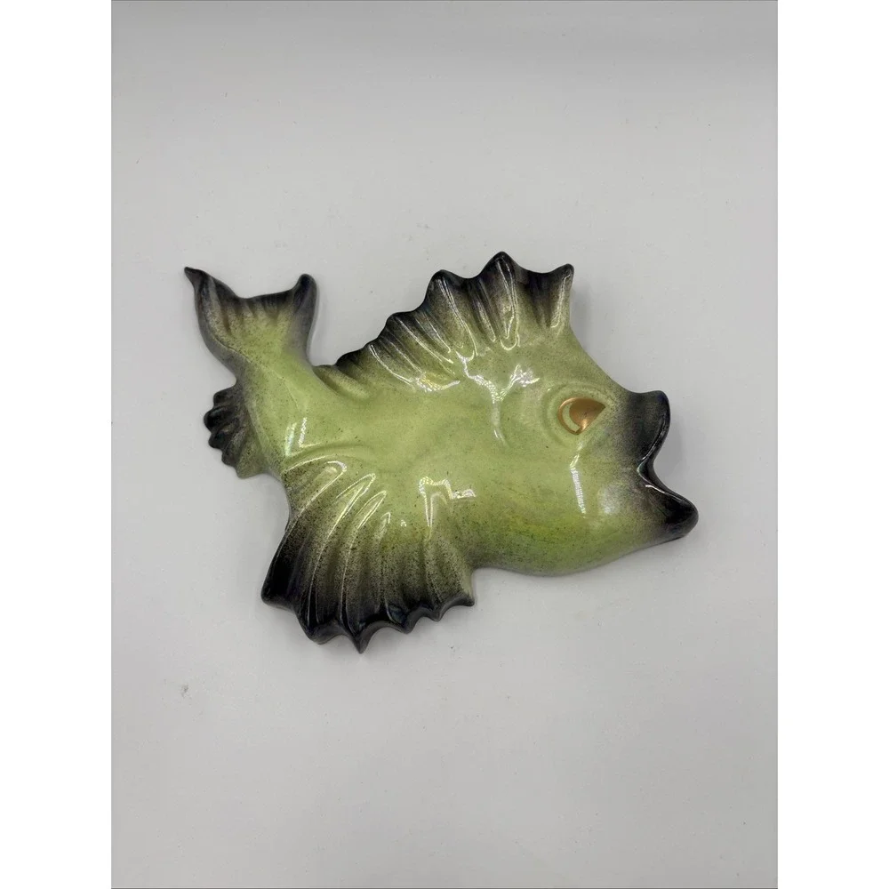 Vintage Ceramic Fish Wall Pocket Planter Green Pink Brown Mid Century